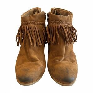 Girls Brown Fringe Ankle Boots Size 3 Western Style Side Zip Low Heel